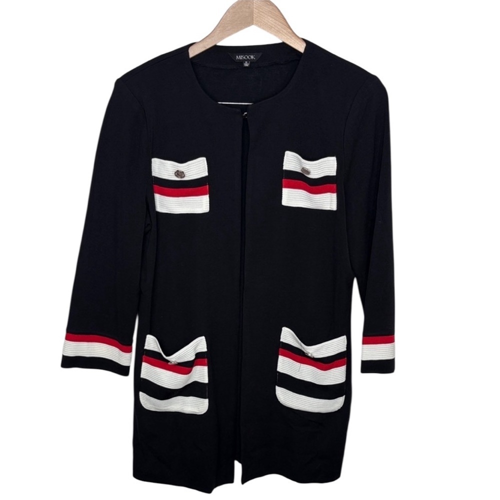Misook Black Red Striped Long Jacket Women Size M